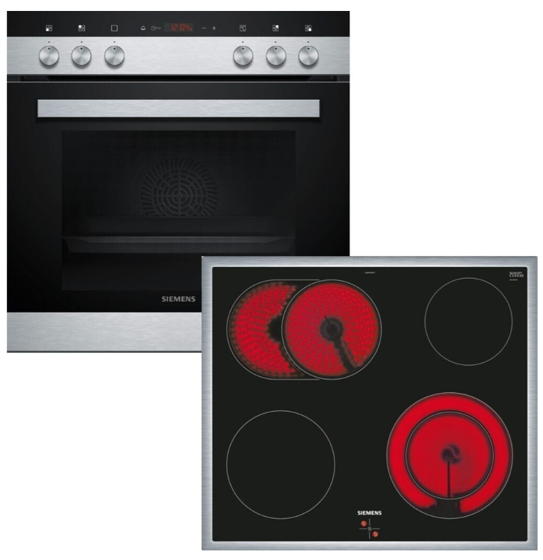 Conjunto Forno e Placa Vitrocerâmica Siemens EQ110KA0Z 66L Classe A 6 Modos 4 Zonas Zona Assar Prateado - Vista Frontal